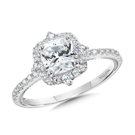 Cushion-Cut Compass-Inspired Halo & Milgrain-Beaded Diamond Engagement Ring - R2414W-SR - Valina Engagement Ring