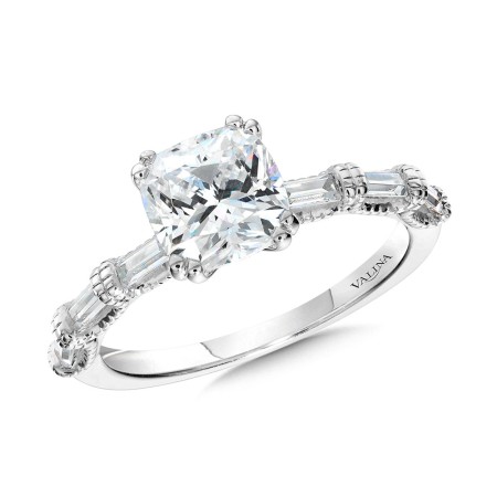 Cushion-Cut, Double Prong, Milgrain-Beaded, Straight Baguette Diamond Engagement Ring - R2401W-SR - Valina Engagement Ring
