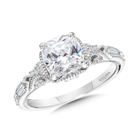 Cushion-Cut, Tapered & Intricately Milgrain-Beaded Diamond Engagement Ring - R2418W-SR - Valina Engagement Ring