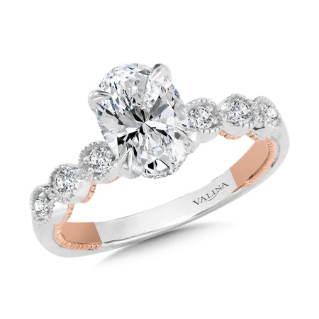 Oval-Cut, Stackable, Two-Tone & Milgrain-Beaded Hidden Halo Diamond Engagement Ring - R2236WP - Valina Engagement Ring