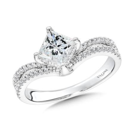 Princess-Cut Hidden Halo, Split Shank, & Chevron-Shaped Diamond Engagement Ring w/ Compass Prongs - R2378W-SR - Valina Engagement Ring