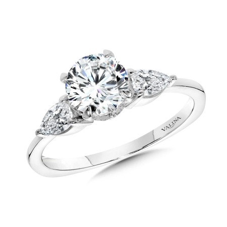 Three-Stone Pear-Accented Diamond Solitaire Engagement Ring w/ Chevron Collar