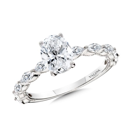 Oval-Cut Diamond & Milgrain-Beaded Shared Prong Engagement Ring w/ Hidden Halo