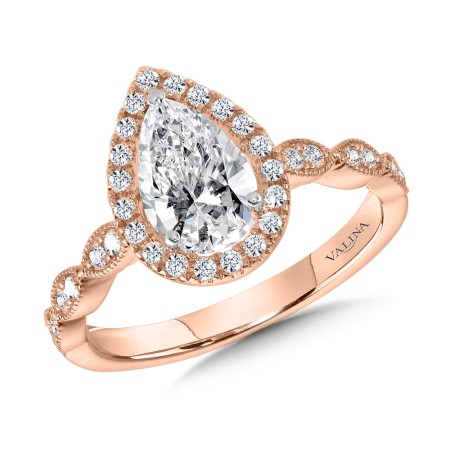 Valina Round - Scalloped & Milgrain-Beaded Pear-Shaped Halo Engagement Ring - R1129P-SR