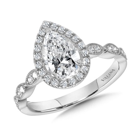 Valina Round - Scalloped & Milgrain-Beaded Pear-Shaped Halo Engagement Ring - R1129W-SR