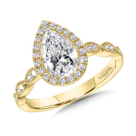 Valina Round - Scalloped & Milgrain-Beaded Pear-Shaped Halo Engagement Ring - R1129Y-SR
