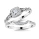 14K White Gold Princess-Cut Diamond Halo Engagement Ring and Wedding Band Bridal Set - BDD2513-W