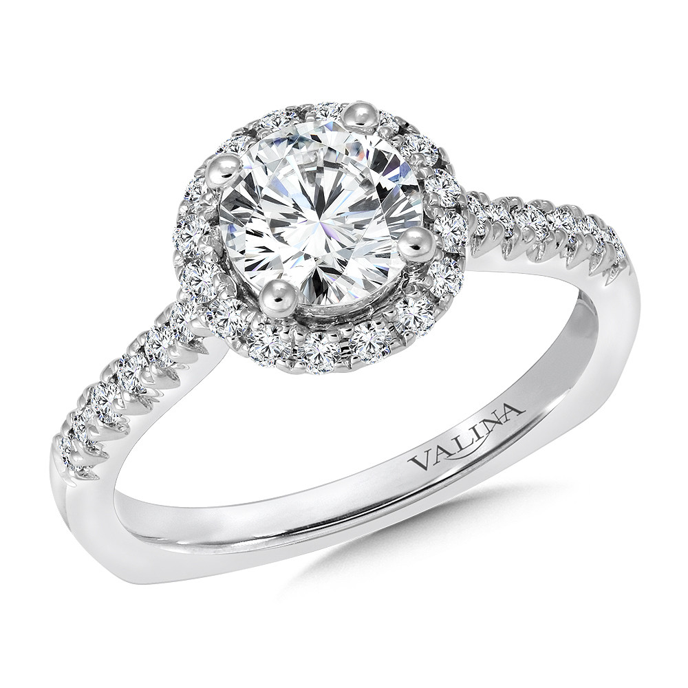 Bevidstløs Dwell Skråstreg Round Halo Engagement Ring | R9323W | Valina Engagement Ring Jeweler