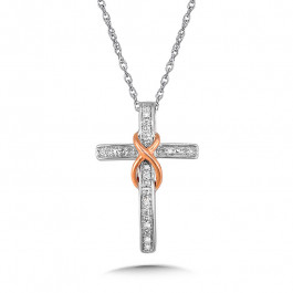 Sterling Silver and 14K Rose Gold Infinity Cross Diamond Pendant