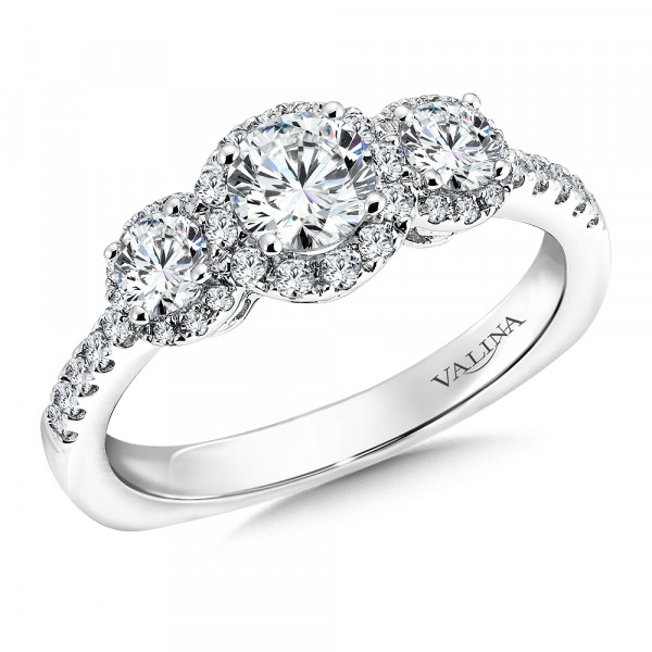 A gorgeous 3-stone halo engagement ring set in 14k white gold.