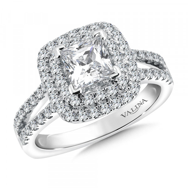 Princess-cut double halo engagement ring in 14k white gold.