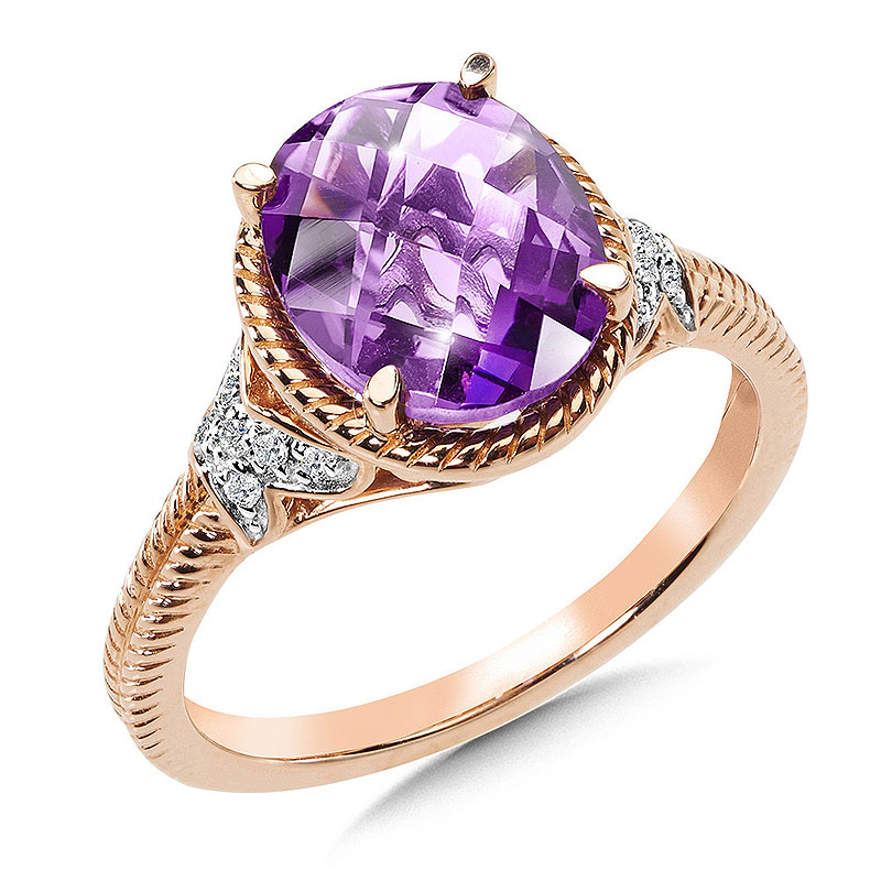 14k Rose Gold Oval Amethyst and Diamond Ring