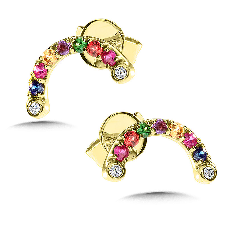 14K Yellow Gold Rainbow Gemstone Stud Earrings - CGE193Y-MIX